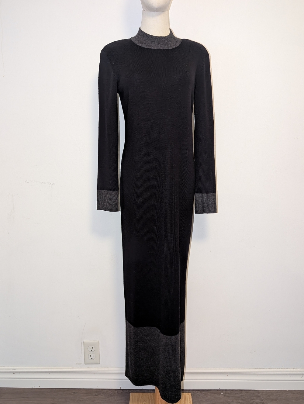 Nina Leonard Black Wool Blend Maxi Sweater Dress with Gray Contrast